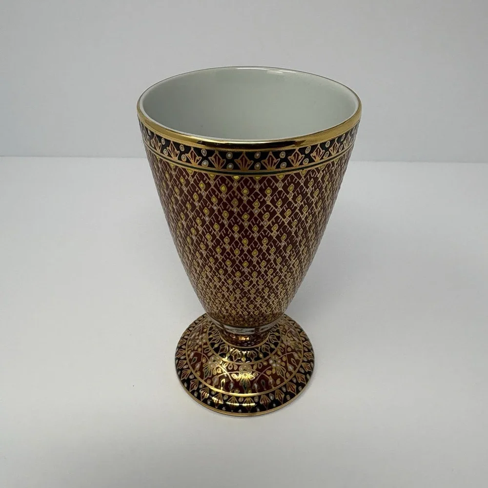 Vintage Thai Benjarong Porcelain Goblets Cup Saucer Set Hand Painted Gold